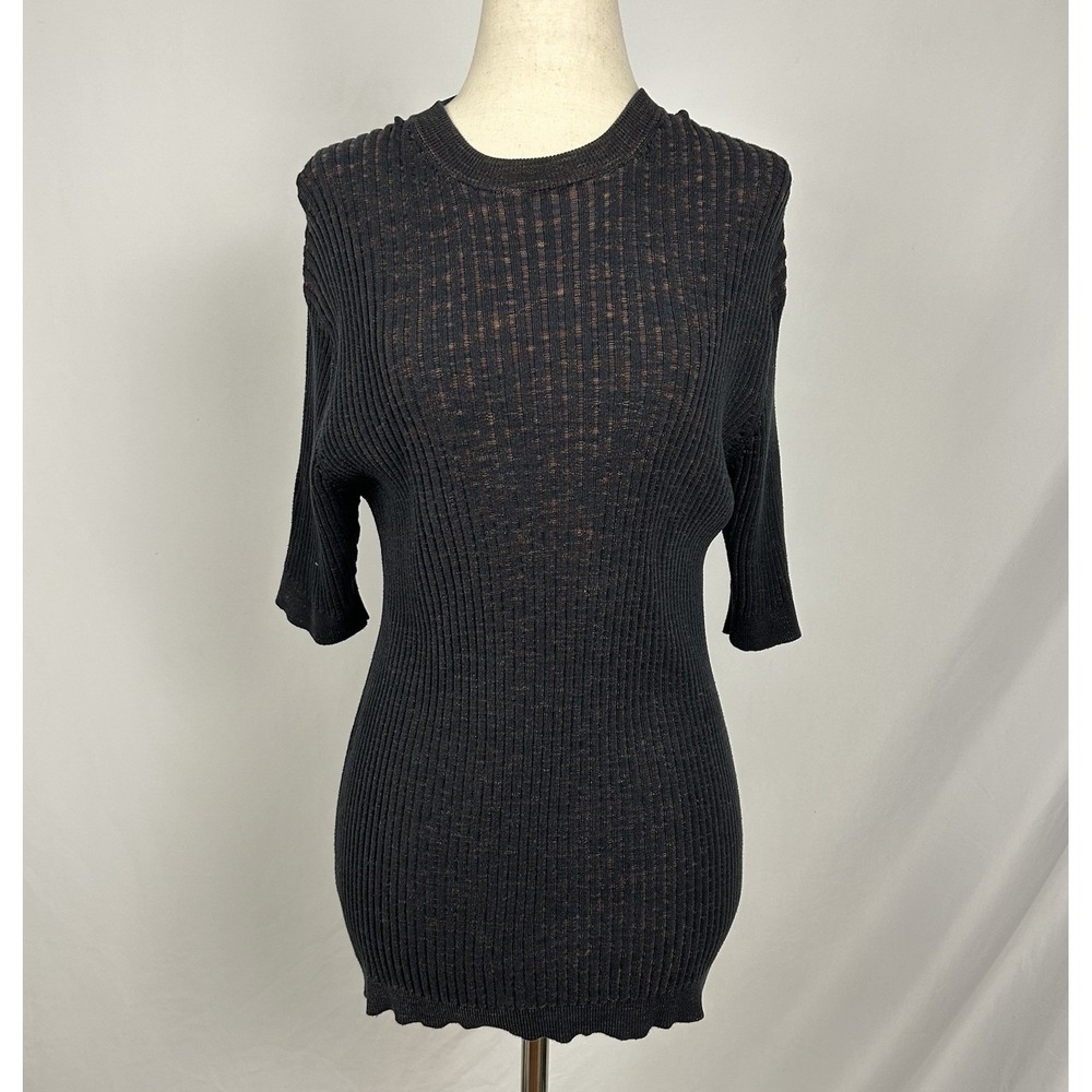 Y2K Baci Women Silk Cotton Sweater Ribbed Two Tone Tunic Top L Grunge 1/2 Sleeve